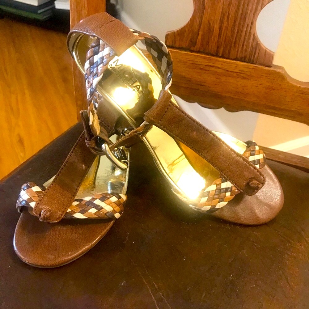 Sz 6.5 MK 3” Wedged Cream and Browns Braided Thong/T-Strap Heel